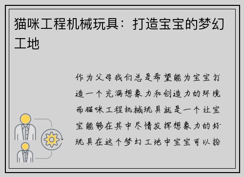 猫咪工程机械玩具：打造宝宝的梦幻工地